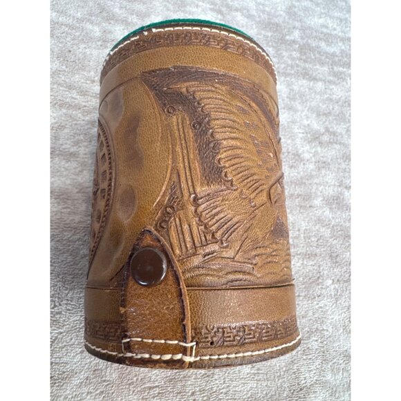 Vintage Handcrafted Leather Aztec Mayan Calendar Dice Cup With Eagle Design - Picture 4 of 9